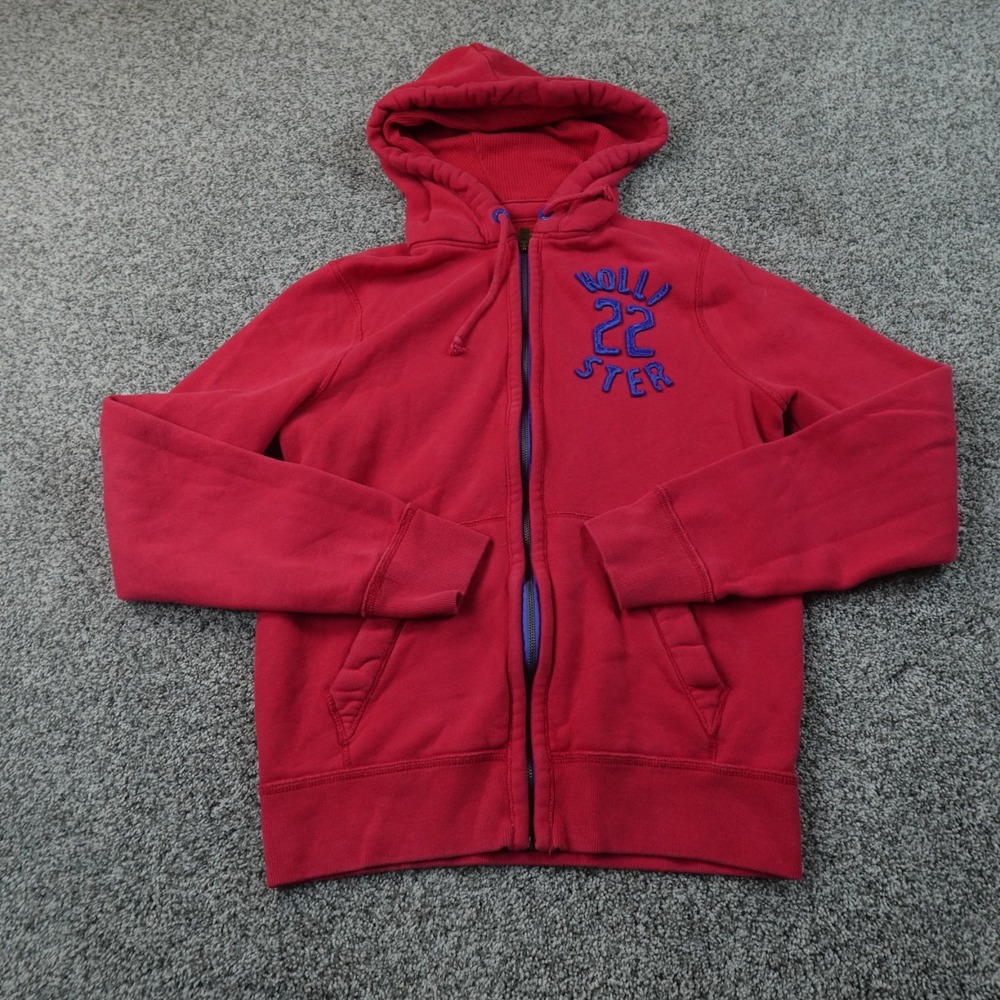 VTG Hollister Hoodie Mens M Red Full Zip Thermal Hood Embroidered Sweatshirt Y2K